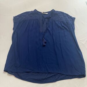 Johnny Was Calme Navy Blue Embroidered Top Blouse Shirt Size Large